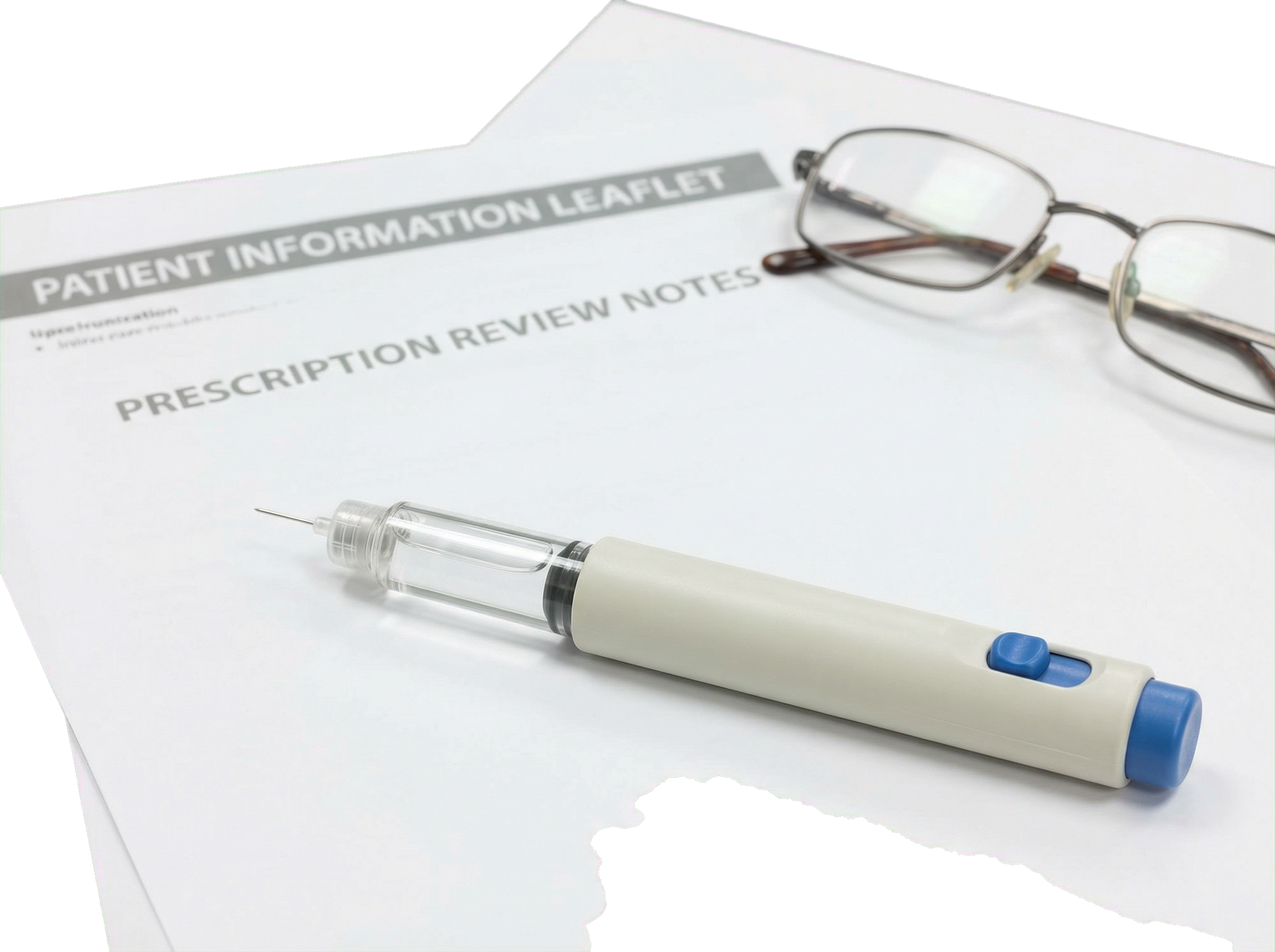 Generic GLP-1 injection pen beside semaglutide patient information notes